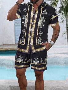 VENTUSAIL Men's Casual Summer Vacation Printed Button-Front Short Sleeve Shirt And Shorts Set, Holiday - Black - View 1