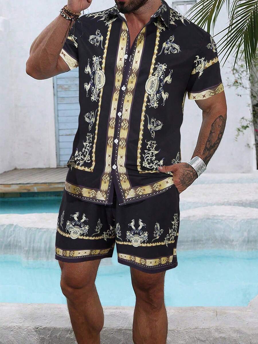 VENTUSAIL Men's Casual Summer Vacation Printed Button-Front Short Sleeve Shirt And Shorts Set, Holiday - Black - View 1