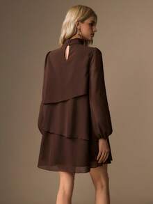 COSMINA Women Brown Boho Ruffle Tiered Mini Dress, Long Sleeve Lantern Sleeve Bohemian Dress, Flowy Dress - Brown - View 2