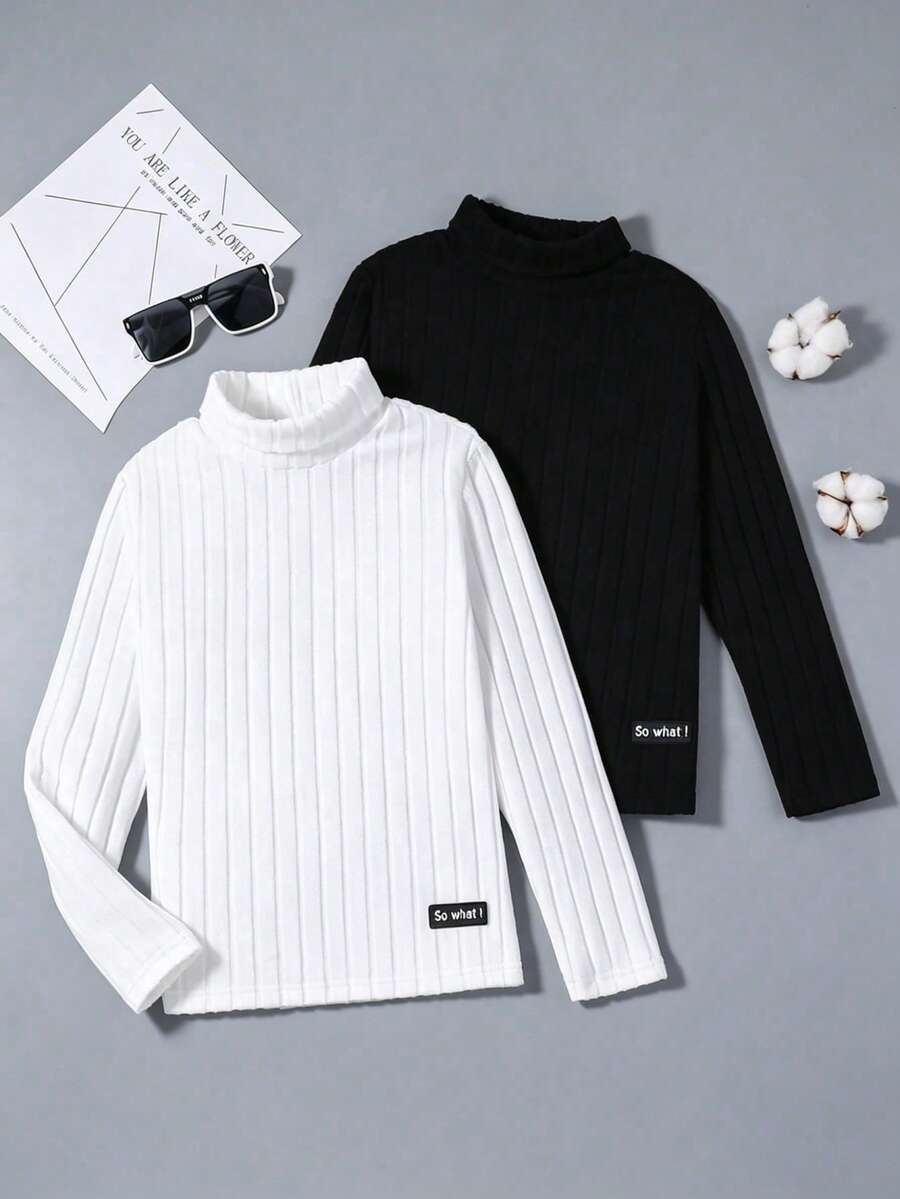 SHEIN 2pcs Letter Patched Detail Turtleneck Ribbed Tee - Multicolor - View 1