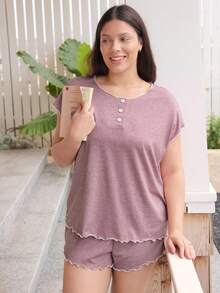 Doze Lane Casual Open Front Round Neck Button Decor Shoulder Sleeve Short Sleeve Shorts Plus Size Pajama Set - Dusty Pink - View 6