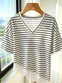 Franclia New Spring/Summer Round Neck Short Sleeve Lace Hem Black And White Striped T-Shirt Travel Casual French - Multicolor - View 5