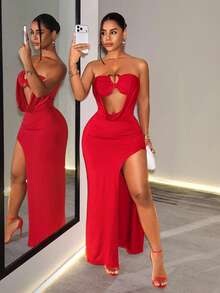 BamGleam Women's Solid Color Hollow Cutout Design Sexy Party Strapless Dress - Red - View 6
