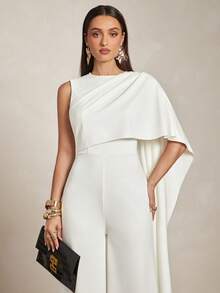 Silquee Women's Asymmetrical Shawl Collar Ribbon Round Neck Jumpsuit, Spring/Summer - Apricot - View 5