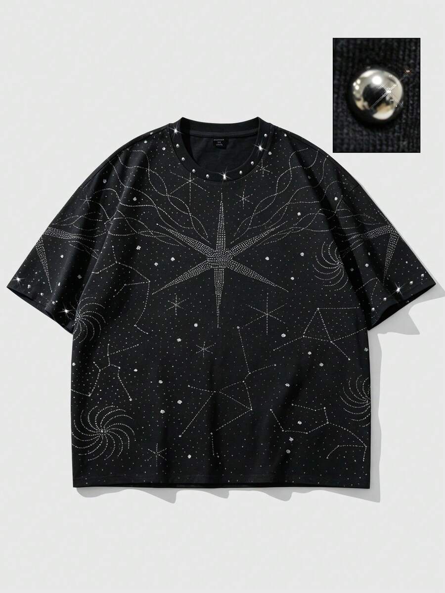 ROMWE MEN 2026 春夏重磅水鑽裝飾男士時尚休閒圓領短袖 T-shirt 上衣,中性情侶款女款短袖上衣 - 黑色 - 查看 1