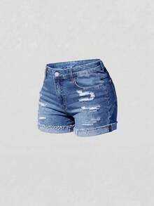 SHEIN Girlism Teen Girl Distressed Pocket Frayed Hem Denim Shorts - Medium Wash - View 1