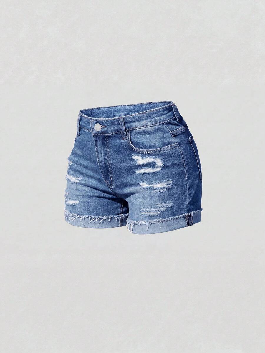 SHEIN Girlism Teen Girl Distressed Pocket Frayed Hem Denim Shorts - Medium Wash - View 1