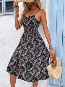 SHEIN LUNE Vacation Casual Ditsy Floral Spaghetti Strap Dress - Black - View 1