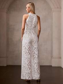 MOTF PREMIUM FASHIONABLE WAIST-CINCHED SLIMMING 3D FLORAL CROSS DESIGN WOMEN'S JUMPSUIT - White - View 3