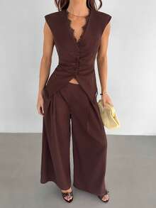 Siren Gaze Summer Women's Elegant Smart Casual Dark Brown Lace Trim Vest And Wide Leg Pant Two Pieces Outfit, Suitable For Office Brunch City Break, Work - Brown - View 10
