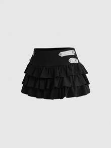 ROMWE Y2K Rok Wanita Vintage Napoleon dengan Desain Gesper Logam dan Anyaman Blok Warna, Hem Bergelombang, dan Pinggang Sangat Rendah - Hitam - View 4