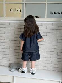 Dazy Kids Baby Girls' Collared Short Sleeve Shirt & Loose Denim Shorts Set Summer - Blue - View 2