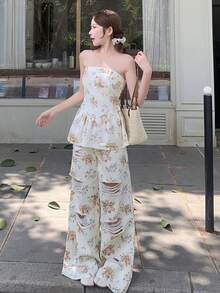 DAZY 女款全花卉印花抹胸上衣與休閒牛仔長褲套裝 夏季 - 白色 - 查看 3