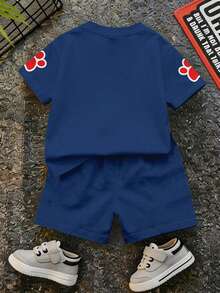 SHEIN | PAW Patrol 男嬰休閒簡約T恤套裝，適合夏季，撞色圖案印花，可愛小狗爪印，經典可愛勇敢卡通圖案印花，Chase、Rubble、小狗小隊圖案印花 - 彩色 - 查看 5