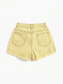 SHEIN EZwear 夏季休閒破洞牛仔短褲 - 黃色 - 查看 2