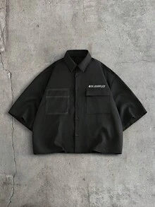 AXEPEAK 男士休閒百搭黑色襯衫，夏季款 - 黑色 - 查看 1