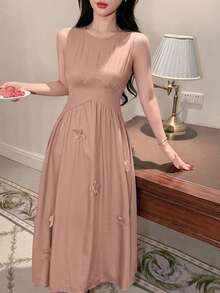 DAZY 3D Floral Decor Waist-Cinching Sleeveless Dress Summer Outfit Women's Nightgown - Pink - View 4