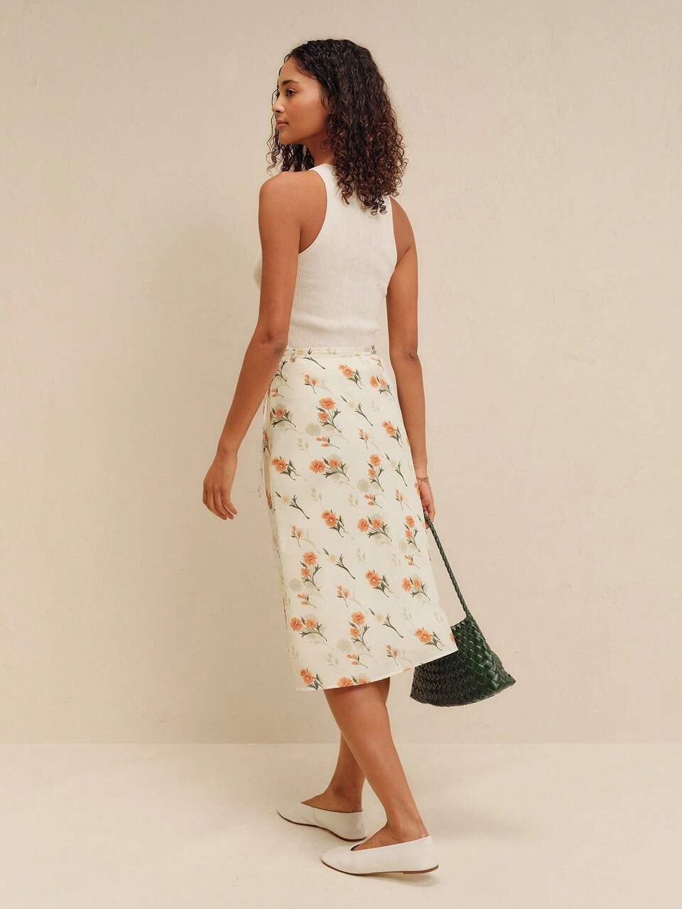Off-White High-Waisted Floral Print Midi Skirt With Tied Waist Cute Chic Summer Holiday Vintage Gothic Alt Casual Picnic Brunch