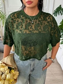 SHEIN EZwear 大尺碼女款網紗拼接性感透視休閒T恤 - 綠色 - 查看 3