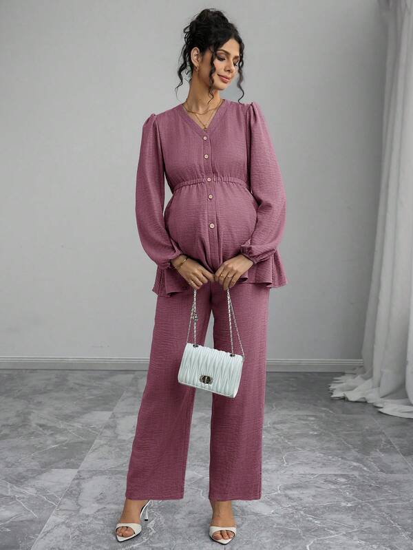 Momance 2pcs Maternity Set Long Sleeve Shirred Front Button Opening Waist Pleated Design Loose Long Pants Business Casual Elegant Outfit Daily Commute