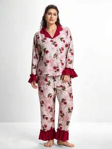 Slumbrini 大码女式撞色荷叶边翻领长袖上衣和裤子睡衣套装，玫瑰花印花，秋冬服装 - 酒紅色 - 查看 3