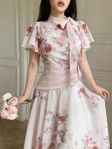 Modelyn 女款綁腰抓皺玫瑰圖案印花大裙擺洋裝 - 彩色 - 查看 3