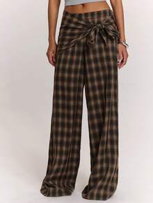 SHEIN BAE Women's Daily Wear Versatile Brown Checkered Plaid Scarf-Style Loose Wide Leg Long Pants/Work Going Out Long Pants/Outdoor/Airport/Vintage Autumn - Brown - View 6