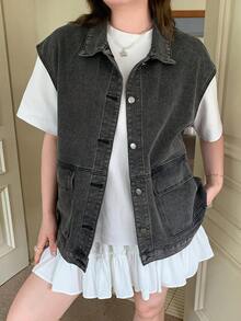 Dazy Plus Washed Distressed Loose Fit Plus Size Women's Spring/Summer Denim Jacket - Grey - View 6