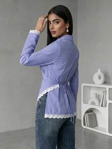 Veilorie Women's Striped Lace Patchwork Pleated Casual Daily Wear Arabic Style Blouse - Blue and White - View 10