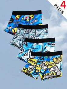 SHEIN 4件/組買2送2兒童青少年男孩內褲套裝，簡約舒適遊戲手把圖案塗鴉字母彈性腰頭四角內褲，黑色、紅色、藍色，適合春夏秋冬 - 彩色 - 查看 3