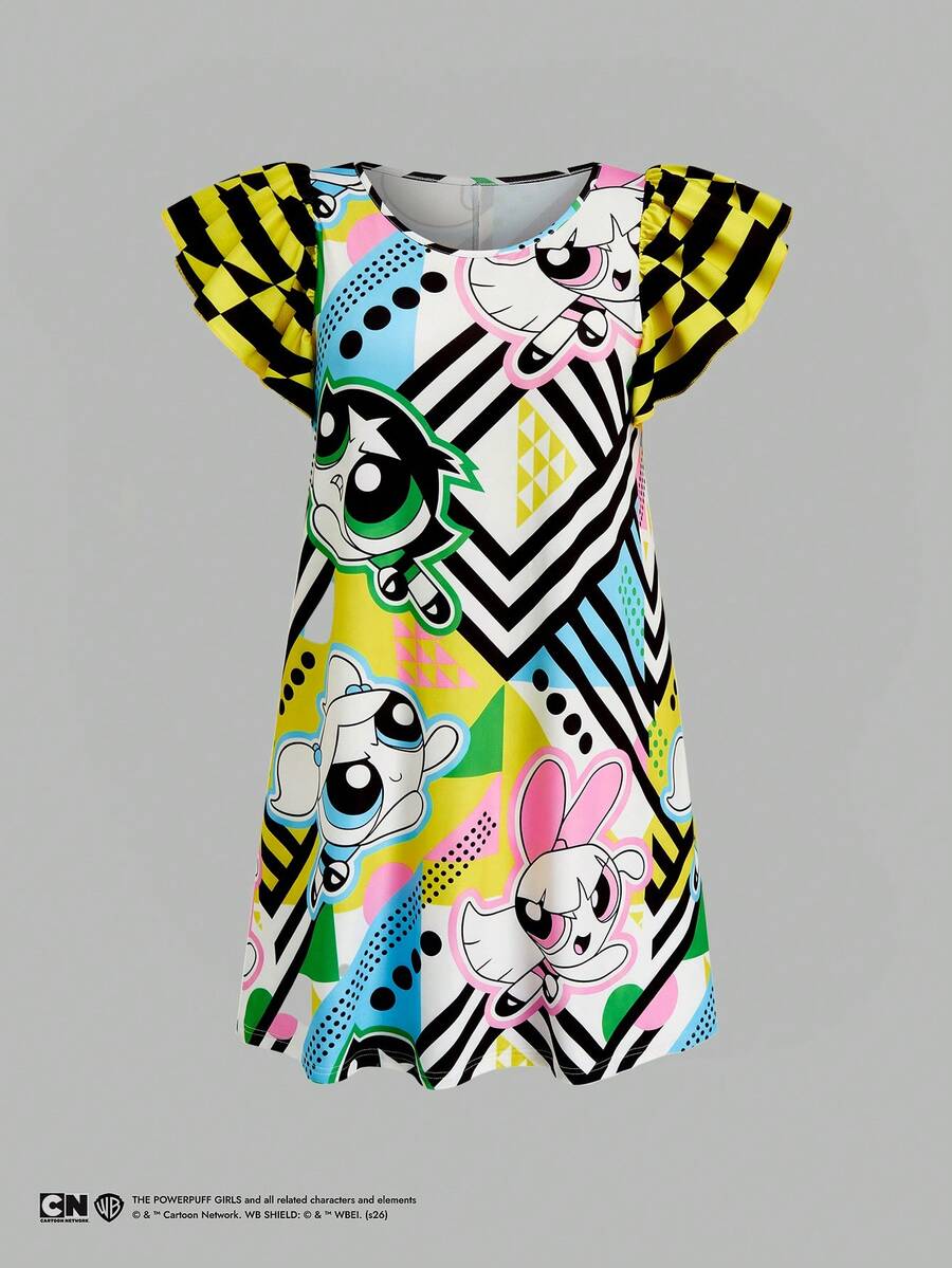 Sweetra THE POWERPUFF GIRLS X SHEIN Plus Size Women's Cartoon Print Round Neck Casual Y2k Cute Daily Vacation Summer Dress Birthday Party White - Multicolor - View 1