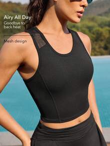 OutZeal Gym Top Women Sports Black Bra Gym Workout Quick Dry Mesh Panel With Pocket Summer Tee Tank Active Top - Black - View 3