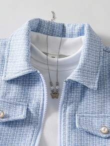 SHEIN Elladie kids ملابس خريفية للفتيات المراهقات 3 قطع/مجموعة جاكيت كارديجان أزرق بودرة مع أزرار لؤلؤية بيضاء وسحاب علوي مع قميص بدون أكمام مضلع خريف العودة إلى المدرسة كاجوال لطيف عائلي - الأزرق - مشاهدة 5