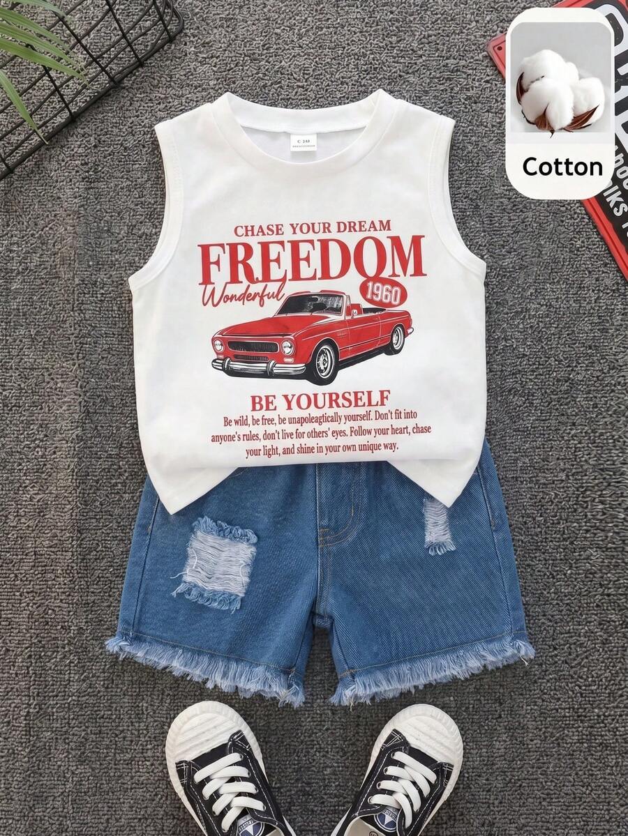 SHEIN 2件組男嬰夏季休閒街頭風汽車印花背心 & 牛仔短褲套裝 - 彩色 - 查看 1