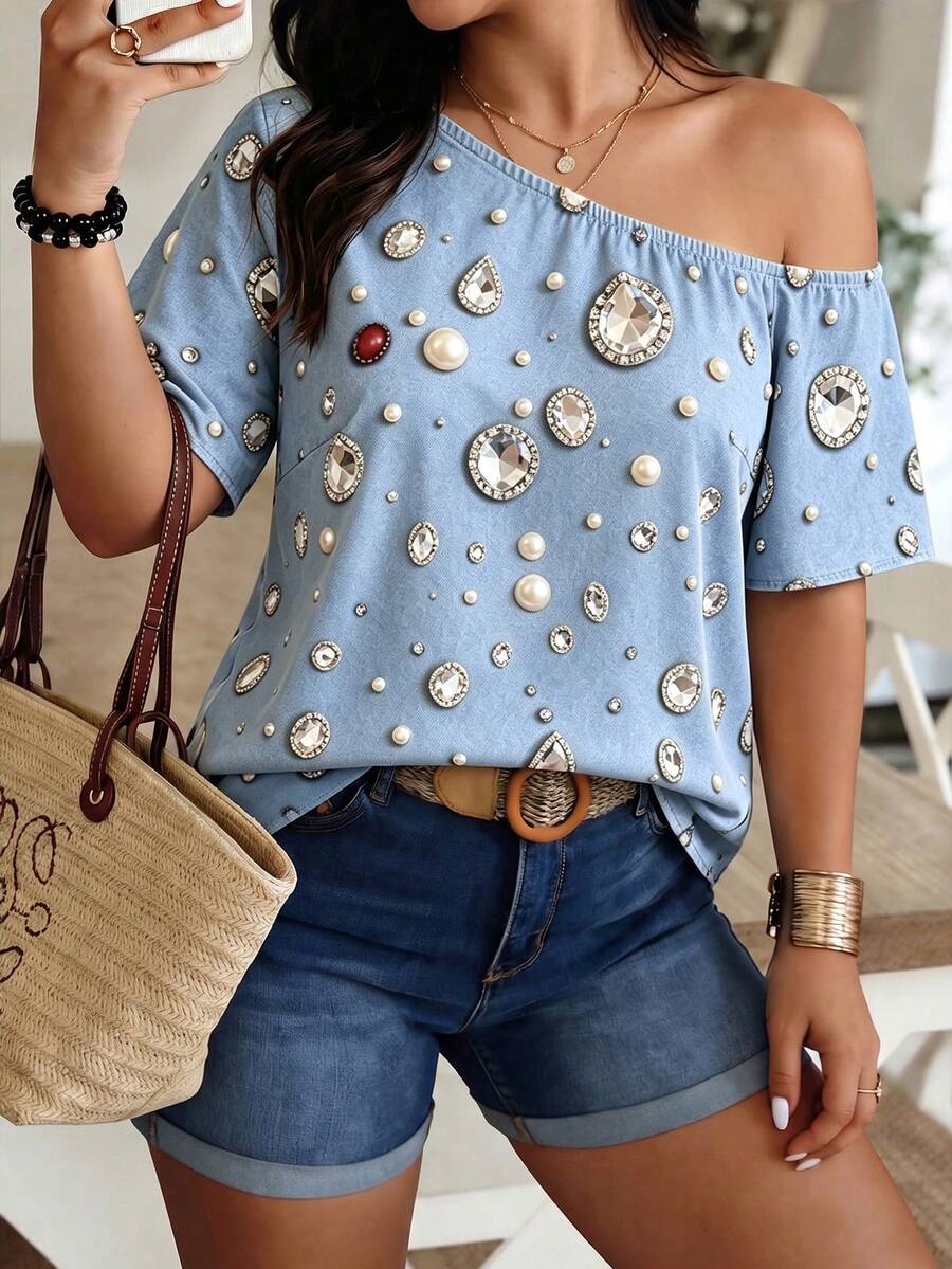 Weeklong Blusa de talla grande con estampado de strass azul, hombro asimétrico y manga corta para primavera, verano y vacaciones - Multicolor - Ver 1