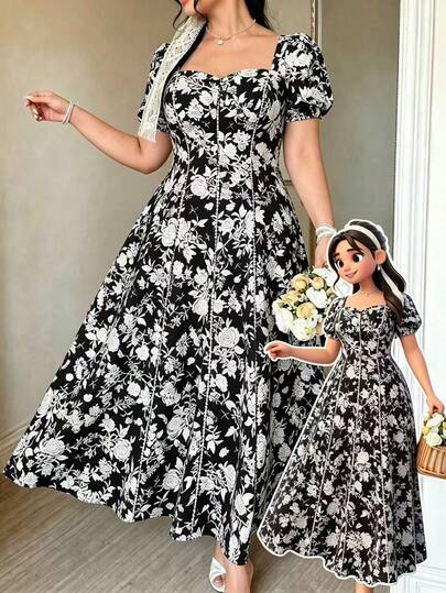 FleurLily Gaun Wanita Ukuran Besar Musim Semi/Panas Motif Acak, Motif Bunga Hitam Gaya 1920-an, Leher Persegi, Lengan Mengembang, Patchwork Renda, Gaun Malam Panjang Model A-Line