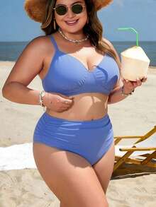 Swim Lushoire Plus Size Women 2-Piece Fashionable Minimalist Solid Color V-Neck Wide Adjustable Shoulder Strap Ruched Waist Split Swimsuit For Summer - Mauve Purple - View 6