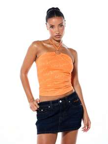 BABYPHAT Plus Size Halter Neck Crop Top With Ring Detail And All-Over Logo Script Print - Orange - View 4