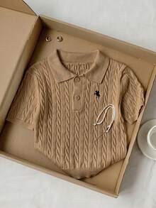Comfortcana Women's Equestrian Embroidered Short Sleeve Button Half-Placket Knit Top - Khaki - View 3