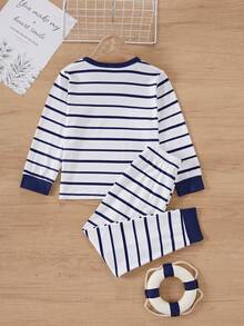 SHEIN Vintaside Kids 2件組男孩長袖休閒條紋寬鬆套裝，秋季慵懶休閒風，送給男孩的最佳禮物 - 藏蓝色 - 查看 2