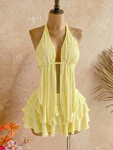 Soleia 2pcs Set:Textured Knit Halter Neck Asymmetric Hem Top + Low Waist Layered Ruffle Hem Skirt,Pale Yellow Summer Casual Beach Holiday Vacation Holiday - Pale Yellow - View 5