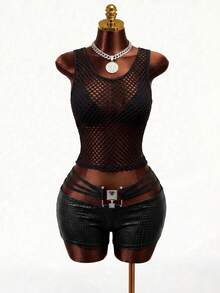 BamGleam Débardeur sans manches en résille noire style Hot Girl, top court sexy transparent en maille, couche intérieure/extérieure polyvalente - Noir - Voir 4
