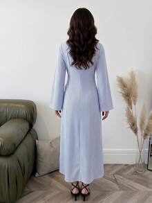 Solavon Women's Blue And White Stripe Long Sleeve Side Waist Knot Casual Modest Dress Office Autumn - Blue and White - View 2