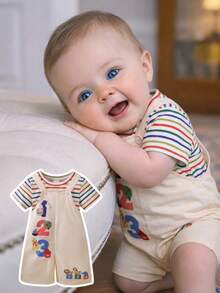 SHEIN Playful Pals Ensemble t-shirt à motifs graphiques et rayures colorés avec short bavette pour bébé garçon, coupe ample et confortable, convient pour les sorties quotidiennes, les activités scolaires, les rassemblements familiaux, les jeux en extérieur et les séances photo - Nude - Voir 7