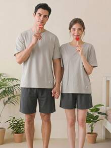 DAZY 男士夏季多色米色T恤和深灰色短裤睡衣套装 - 深灰色 - 查看 6