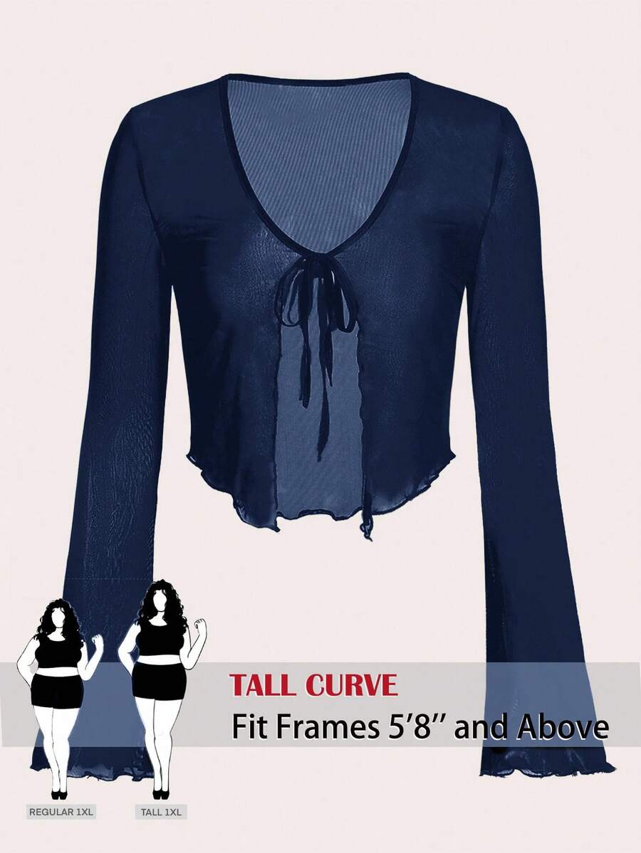 SHEIN Tall CURVE 大尺碼前綁帶喇叭袖荷葉邊網紗上衣，春秋款，休閒日常穿著