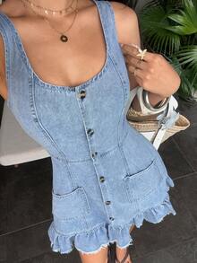 Sunnyshic Fashion Casual Open Front Ruffle Hem Washed Denim Holiday Dress - Light Wash - View 6