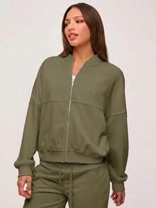 SHEIN BASICS Chaqueta holgada de punto de unicolor con cuello alto y manga larga para mujer, ropa de otoño e invierno - Verde militar - Ver 6
