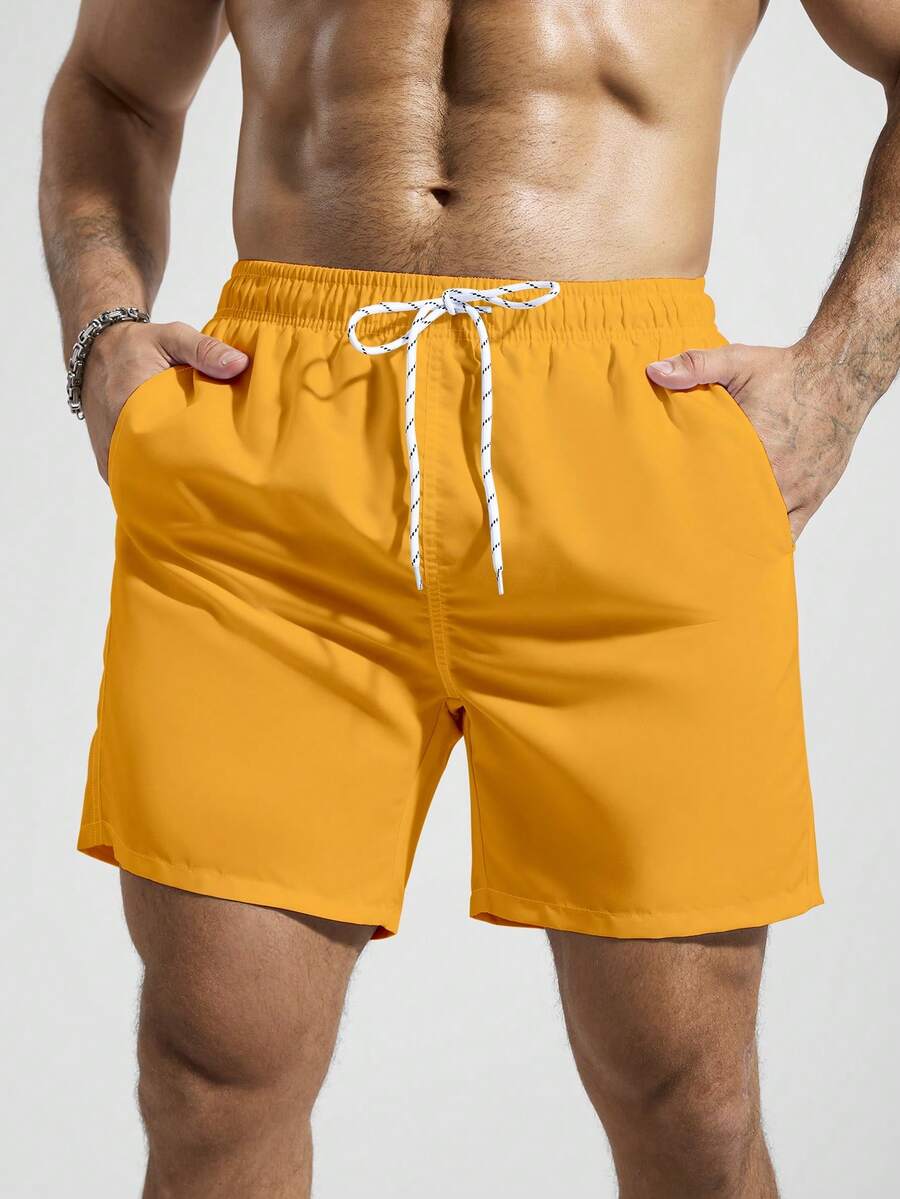 Manfinity KASUA Men's Solid Color Drawstring Waist Pocket Casual Beach Shorts - Yellow - View 1