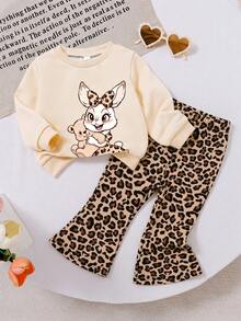 SHEIN 1 Set Baby Girl Casual Cute Rabbit Print Crew Neck Sweatshirt And Leopard Print Flare Pants Outfit, Suitable For Autumn/Winter Daily Wear - Multicolor - View 3